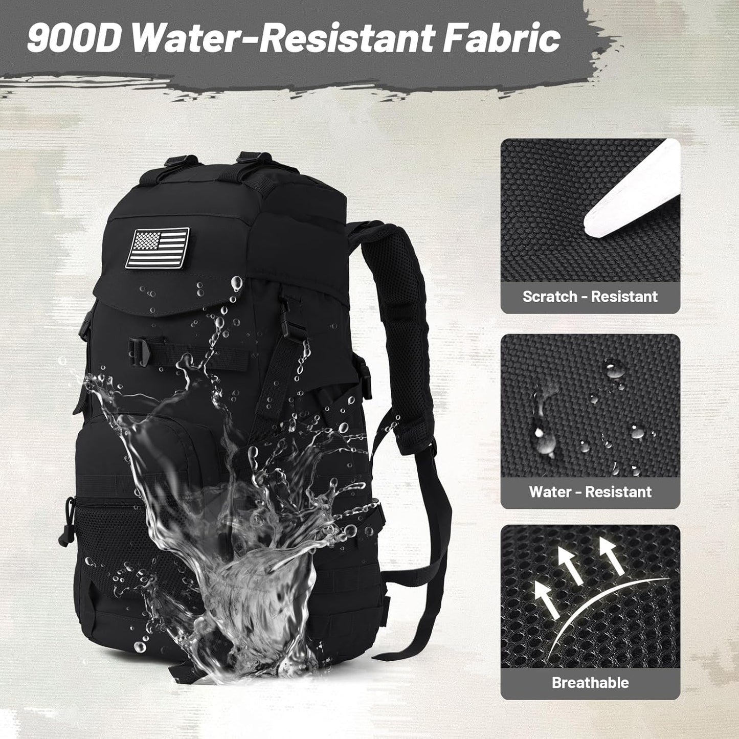 50L Tactical Backpack for Men and Women, Water-Resistant Molle Rucksack, Large Military Assault Pack for Hiking, Hunting, Camping, Gym & Outdoor Survival Black