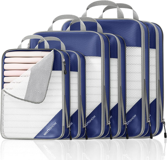 6 Set Compression Packing Cubes for Travel - Compressible, Lightweight, and Space-Saving Packing Cubes, Travel Essentials for Women, Navy