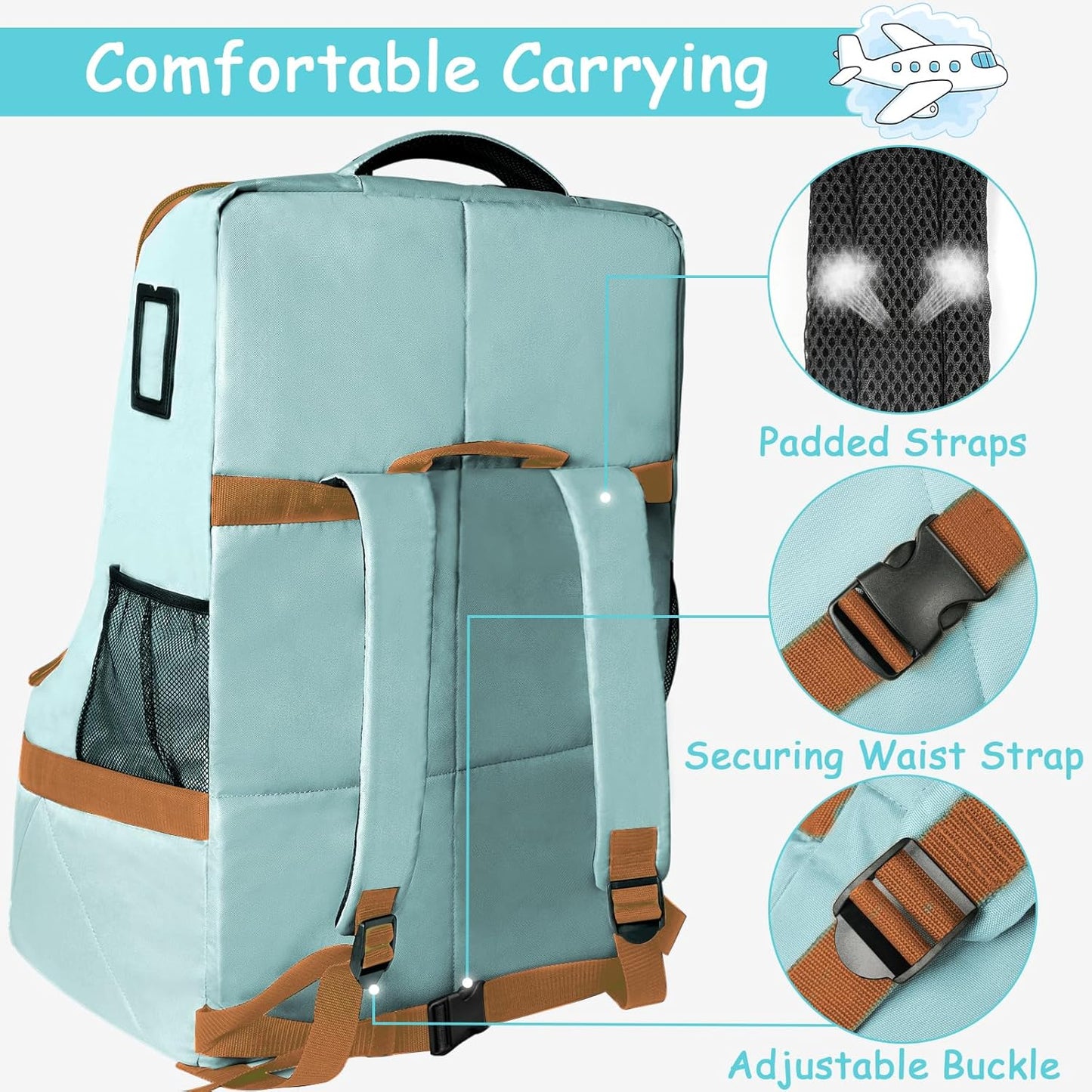 YOREPEK Padded Car Seat Travel Bag for Air Travel, Carseat Cover Backpack with Shoulder Straps, Large Carseat Gate Check Bag, Baby Travel Essential(Light Cyan)