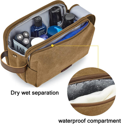 BAGSMART Toiletry Bag for Men, Canvas Travel Toiletry Organizer Dopp Kit Water-resistant Shaving Bag for Toiletries Accessories,Khaki-Large