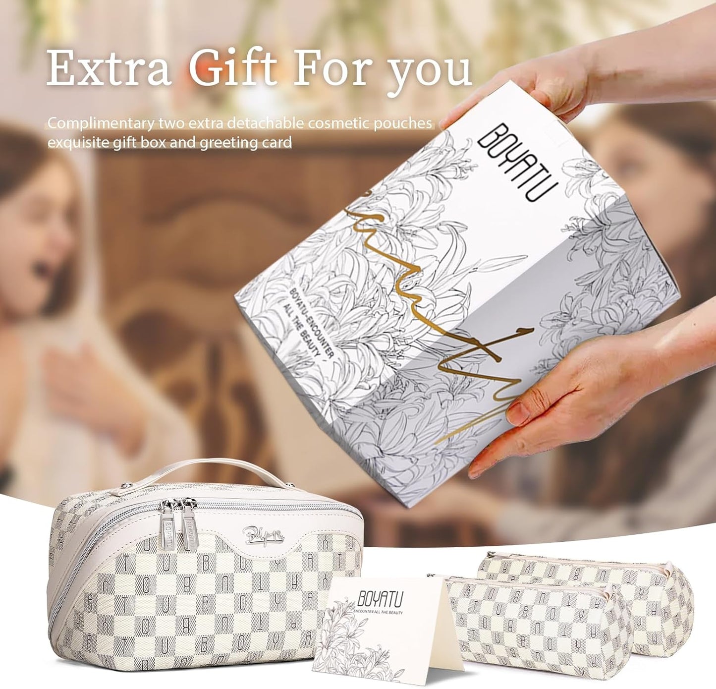 BOYATU Travel Makeup Bag Cosmetic Bags for Women: 3 Pcs Set Portable Make up Bag with Handle - Vegan Leather Toiletry Bags with Compartments - Makeup Organizer for Travel Essentials(02-Beige)