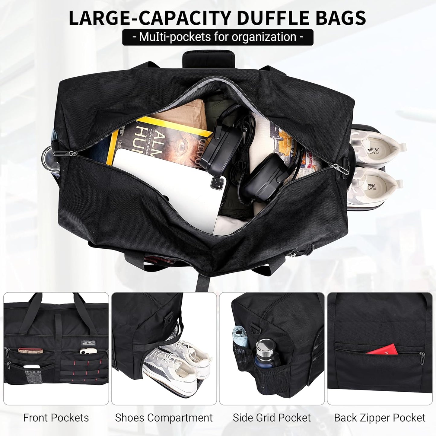 WITZMAN Foldable Duffle Bag for Travel 65L Lightweight Packable Duffel Bag with Shoes Compartment Overnight Bag for Men Women (B697 Black)