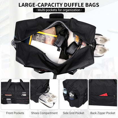 WITZMAN Foldable Duffle Bag for Travel 65L Lightweight Packable Duffel Bag with Shoes Compartment Overnight Bag for Men Women (B697 Black)