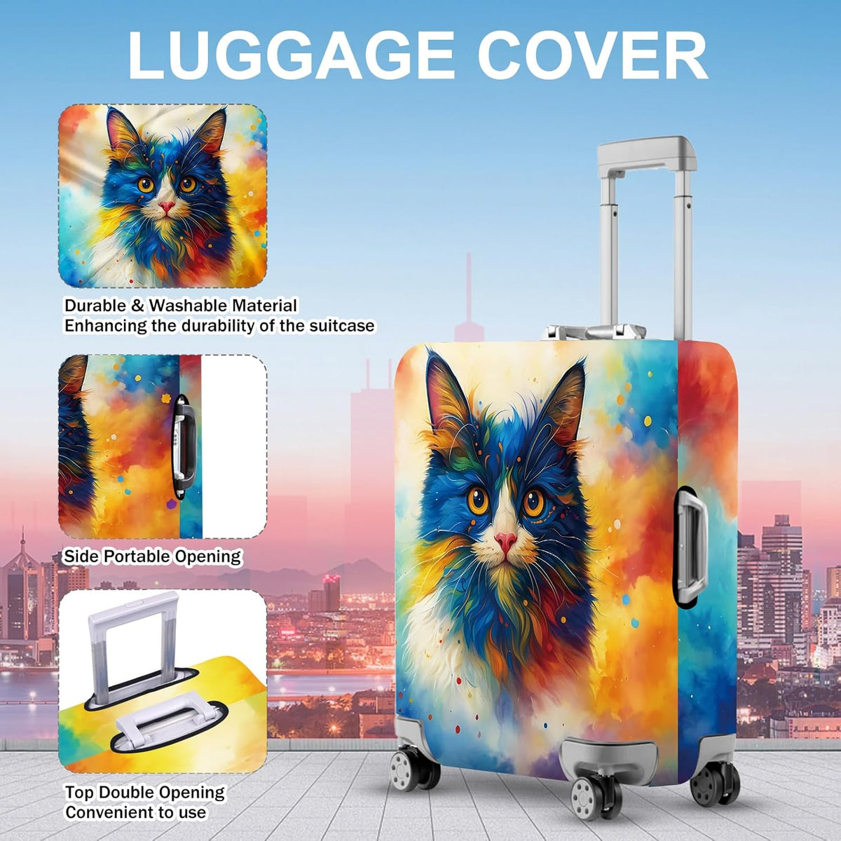 ANNA QUEEN Colorful Cat Luggage Cover, Artistic Blue Cat Design with Rainbow Colors, Stretchable, Washable Travel Sleeve for 20-22 Inch Suitcases
