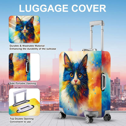 ANNA QUEEN Colorful Cat Luggage Cover, Artistic Blue Cat Design with Rainbow Colors, Stretchable, Washable Travel Sleeve for 20-22 Inch Suitcases