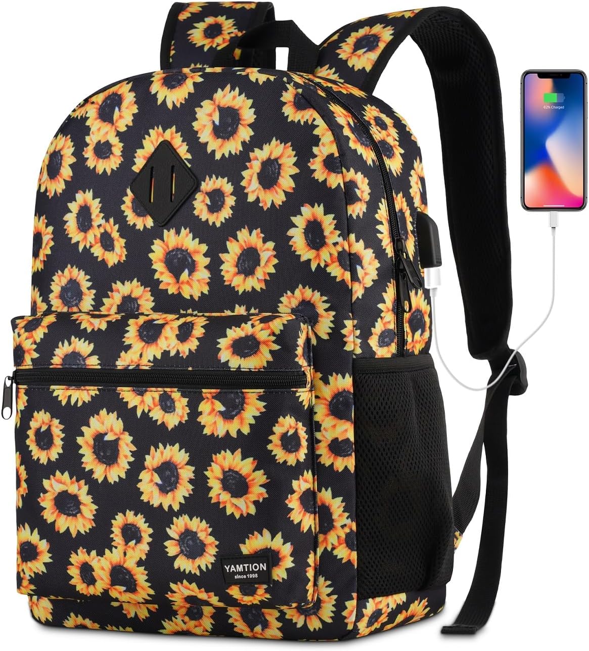 School Backpack,Sunflower Bookbag Men and Teen Boy Schoolbag with USB Charging Port for High School College Office Work Travel