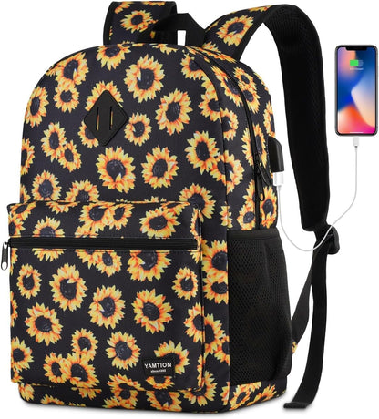 School Backpack,Sunflower Bookbag Men and Teen Boy Schoolbag with USB Charging Port for High School College Office Work Travel