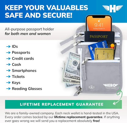 HERO Neck Wallet, RFID Blocking Passport Holder, Easy to Conceal and Pouch