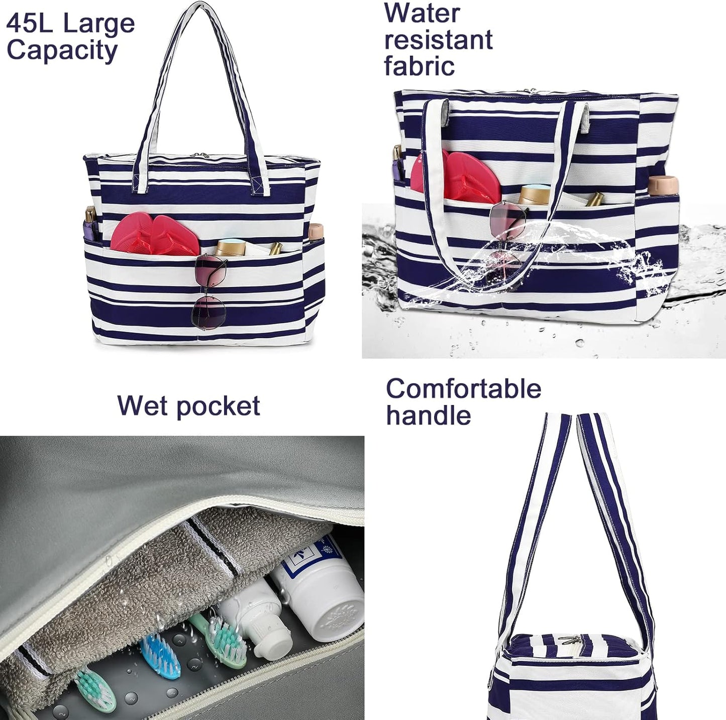 LEDAOU Beach Bag Waterproof Sandproof Women Tote Bag Pool Bag with Zipper for Gym Grocery Travel with Wet Pocket