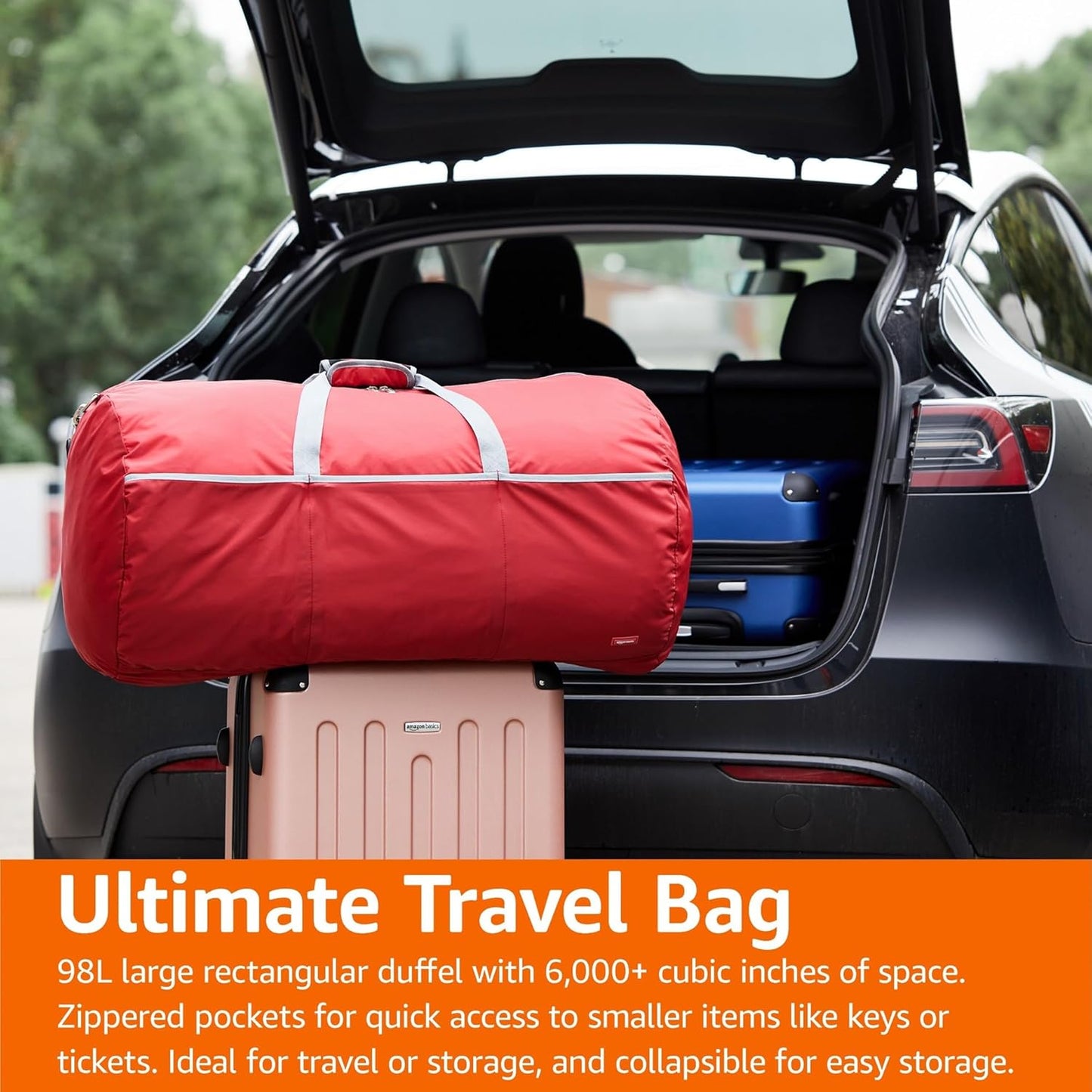 Amazon Basics 32" Extra Large Foldable Duffle Bag for Travel & Storage, with Exterior/Interior Zippered Pockets, Lightweight/Durable Nylon Material, 50-LBS Capacity, 9254 Cubic Inch (150L), Red