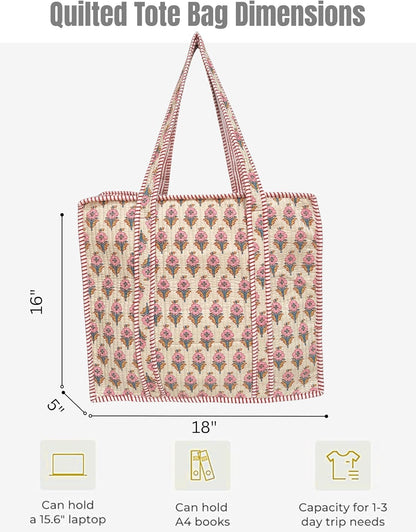 Cotton Quilted Tote Bag for Women – Large Beach & Travel Tote with Zipper, Reusable Grocery Bag