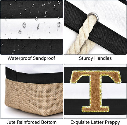 Becokan Beach Bag Initial Beach Tote with Makeup Bag for Travel Work Storage Personalized Birthday Gifts for Women Her