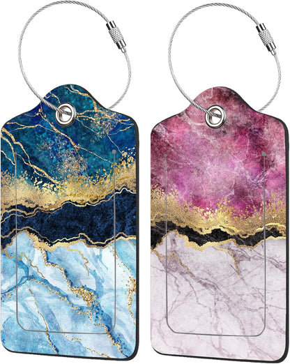 2 Pack Abstract Marble Luggage Tags for Suitcases,Fashion Marble Leather Baggage Suitcases Tag Name ID Label Privacy Cover Travel Bag Tags for Women Men Boys Girls