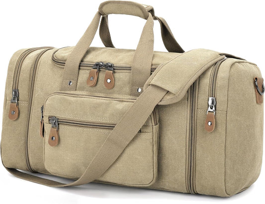 Gonex Canvas Duffle Bag for Travel 50L Expandable Duffel Weekend Overnight Bag (Khaki)