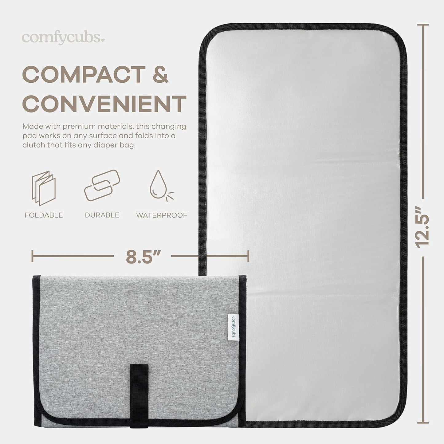 Comfy Cubs Baby Changing Pad Compact Size - Waterproof Diaper Changing Mat with Cushioned Pillow - Soft & Lightweight, Foldable Design for Travel - Stylish Design for Boys and Girls - Solid Grey