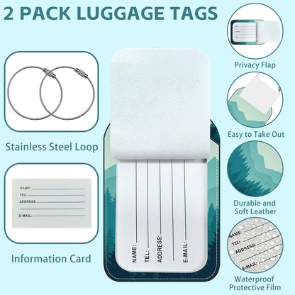 Misty Forest Luggage Tag for Suitcase Set of 2 PU Leather Cute Luggage Tags with Stainless Metal Loop ID Label Privacy Flap Suitcase Tags for Women and Men Travel