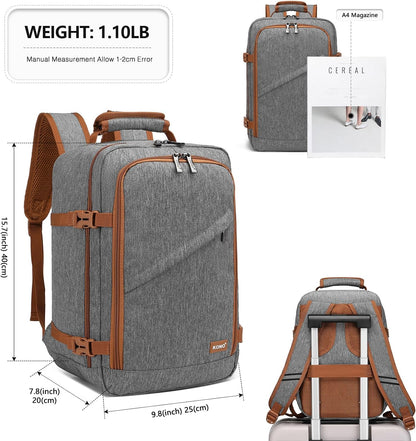 Kono Carry on Backpack, 16" Airplane Approved Under Seat Travel Backpack for Men and Women, Waterproof Lightweight Daypack for Flight 20L (Grey/Brown, Small)