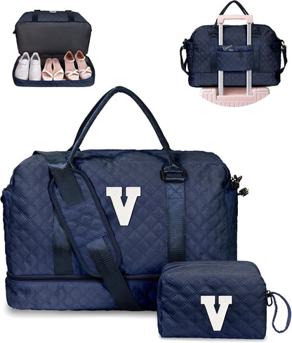 Gifts for Girls - 5 6 7 8 9 10 11 12 13 14 15 16 Year Old-Duffle Bags with Shoe Compartment, Weekender Bag, Travel Bag with Makeup Bag, Preppy Gift for Girl Beach Bag Gifts (Letter V)