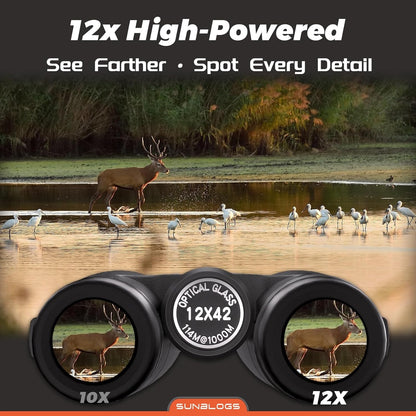 12x42 HD Binoculars for Adults,Super Bright BAK4 Prism High Powered Waterproof Binoculars with Low Light Vision for Bird Watching Outdoor Hunting Travel Hiking Sports Stargazing Cruise (Black)