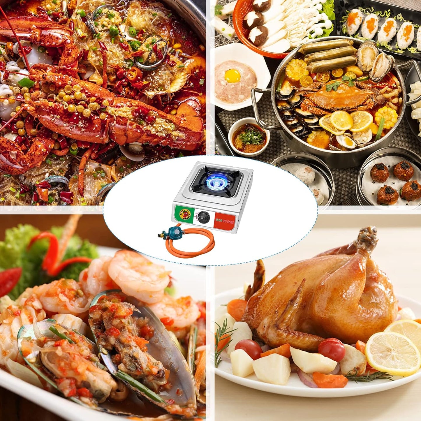 Vivicreate 10000 BTU Single Burner Propane Gas Stove Outdoor Camping Cooker Portable Stainless Steel Cooktop with Hose for BBQ Frying Boiling High BTU Estufa de Gas Portátil Fogón de Gas