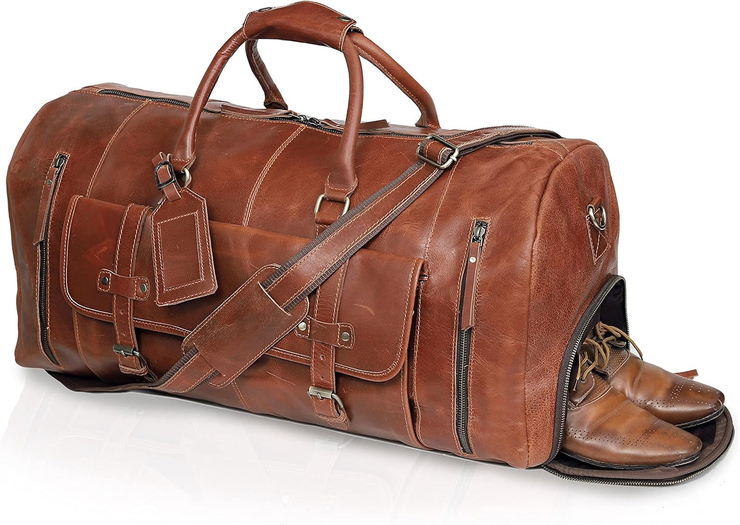 20 Inch Leather Duffle Bag Handmade Rustic Overnight Weekend Bag for Men, Gym Sports Travel Tote Bag Luggage Carry On Flight Cabin Duffel Bag with Shoe Compartment for Men & Women
