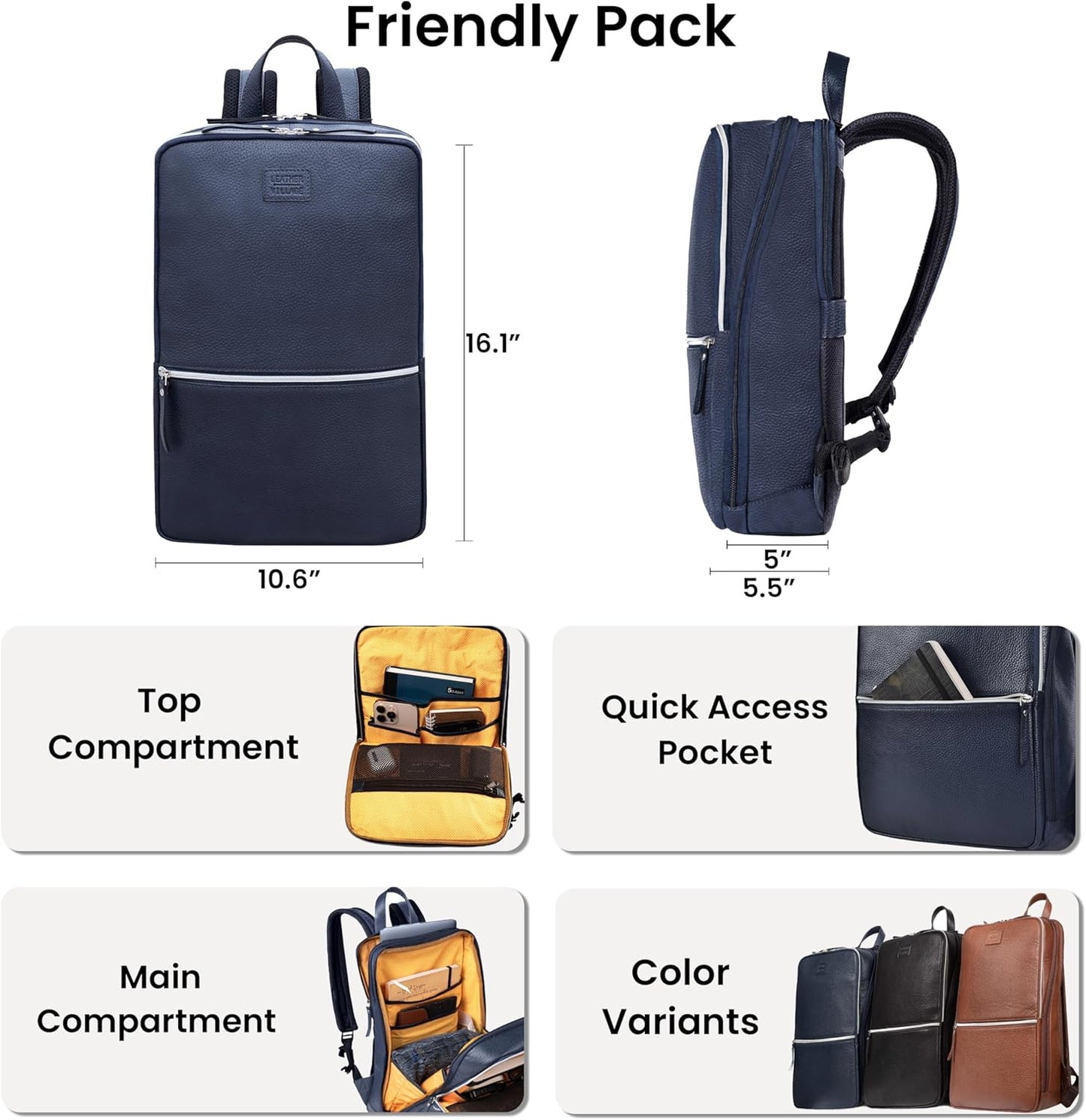 LEATHER VILLAGE Leather Laptop Backpack for Men |Blue | Slim Professional Business Bag Fits 15.6”-Laptop | Water-Repellent Work & Travel Daypack with Trolley Strap