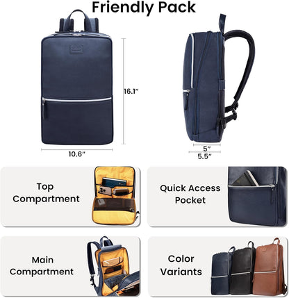 LEATHER VILLAGE Leather Laptop Backpack for Men |Blue | Slim Professional Business Bag Fits 15.6”-Laptop | Water-Repellent Work & Travel Daypack with Trolley Strap