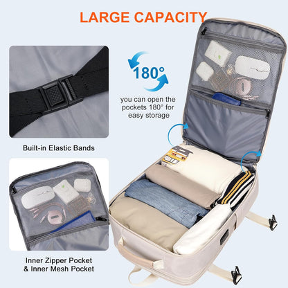 PIJUSHI Travel Backpack for Women Expandable Carry on Luggage Backpack Airline Approved Personal Item Laptop Bag(PE034 Classic Beige)