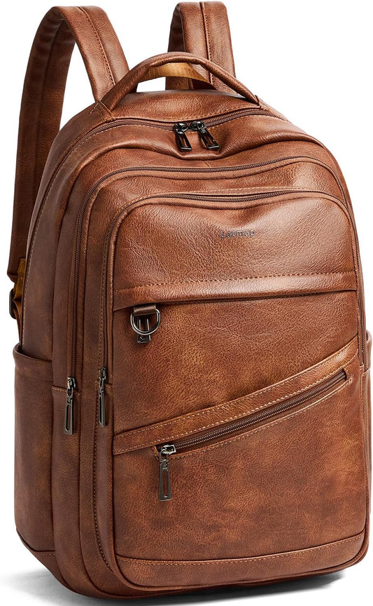 43L Backpack for Women Men - Vegan Leather Backpack Purse Travel Carry-on Bag College Bookbag Work fits 17" Laptop, Brown