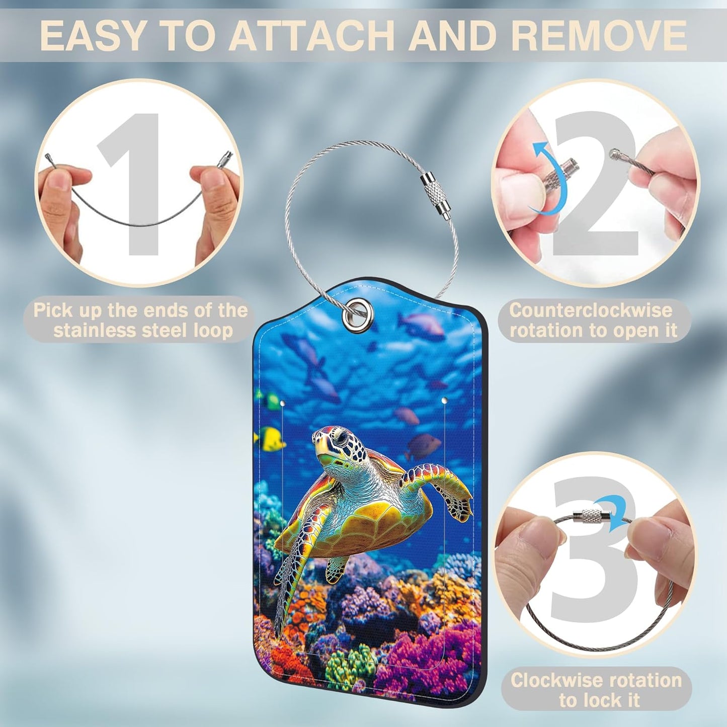 2 Pcs Sea Turtle Luggage Tags for Suitcases PU Leather Baggage Tags Name ID Label with Privacy Cover and Stainless Steel Loop for Men Women Travel Bag Suitcase