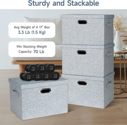 Large 17" 36 Quart Collapsible Stackable Storage Bins with Lids, 3 Packs Blue-Grey Linen Fabric Closet Boxes with Lids, Storage Cube Baskets Container Organizers for Bedroom (17x12x11)
