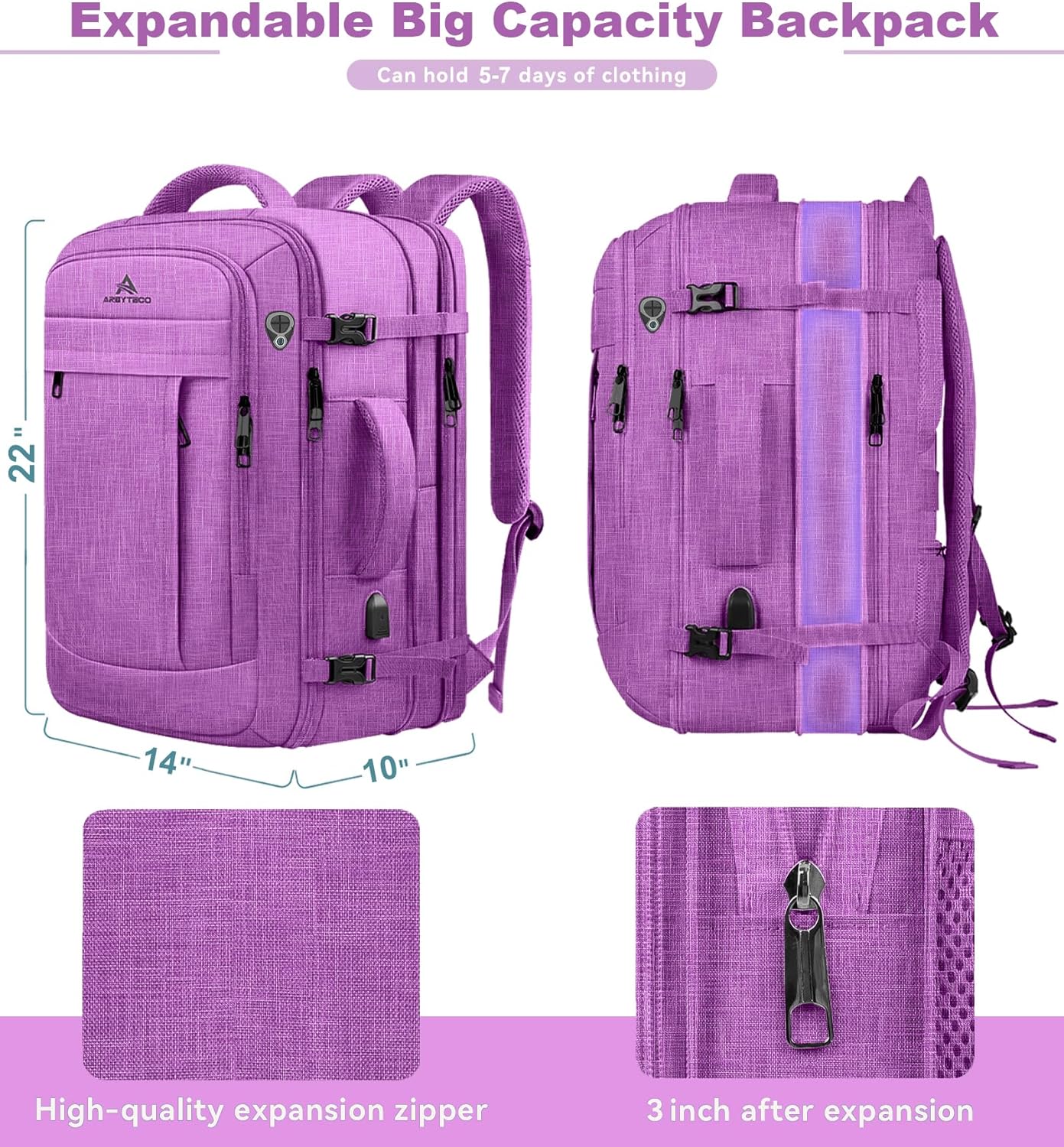 60L Carry On Backpack, Extra Large Laptop Backpack, Big Capacity Travel Backpack for Women, Expandable Water Resistant Bag Anti-Theft Business Daypack Fit 18 Inch Laptop with USB Port,Purple
