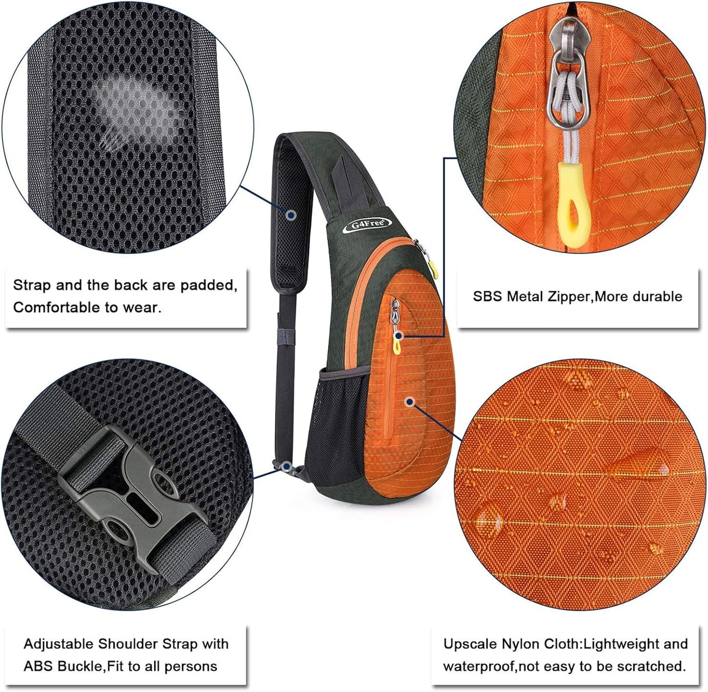 G4Free Sling Bag for Men Women, Small Crossbody Backpack Lightweight Chest Shoulder Bags for Travel, Outdoor and Sports (Grey-orange)