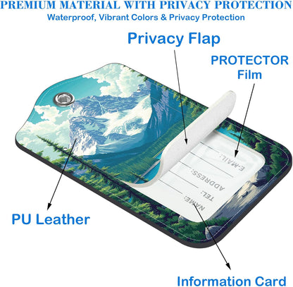 Snow Mountain Lake Forest Luggage Tags for Suitcases Leather Travel Tags for Luggage ID Label with Privacy Cover and Stainless Steel Loop for Men Women Suitcase Backpack, Set of 2