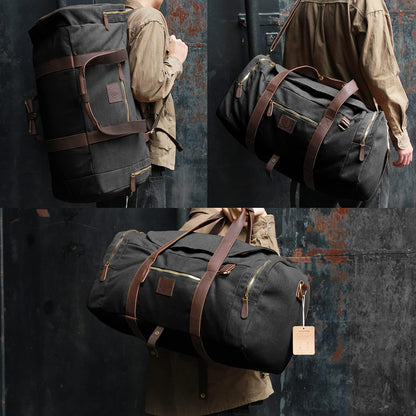 Vintage Canvas Duffle Bag, 50L Genuine Leather Travel Duffel Backpack Multifunctional Overnight Weekender Bag with Shoes Compartment Men (Black)