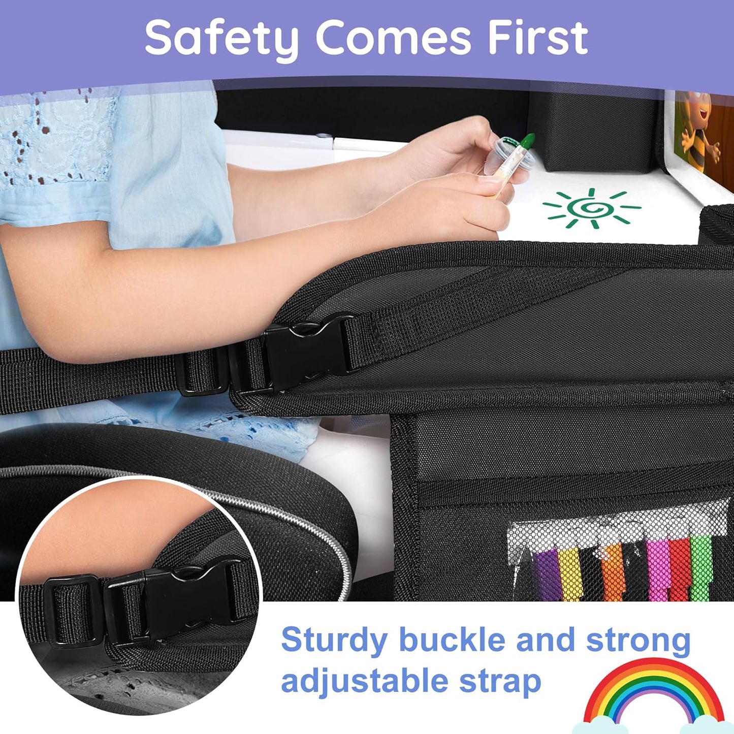 Kids Travel Tray, Kids Travel Trays for Car Seat, Road Trip Essentials for Toddler, Carseat Lap Tray with Dry Erase Board & Storage Organizer for Road Trip Activities for Kid, Black