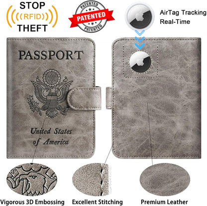 Airtag Passport Holder Cover Wallet RFID Blocking Leather Case Travel Essentials Luggage Accessories Travel Must Have(118#Grey)
