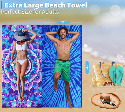 2 Pack Lightweight Thin Beach Towel Oversized 71"x32" Big Extra Large Microfiber Sand Free Towels for Adult Quick Dry Travel Camping Beach Accessories Vacation Essential Gift Tie Dye Purple Mandala