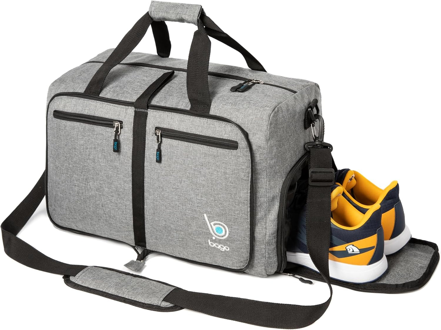 Bago Large Foldable Duffel Bags for Traveling Women & Men - 80L Packable Duffle Bag for Travel with Shoe Compartment - Water Repellant, Heavy Duty, Lightweight Folding & Collapsible (SnowGray)