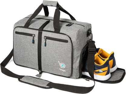 Bago Foldable Duffel Bags for Traveling Women & Men - 60L Medium Packable Duffle Bag for Travel with Shoe Compartment - Water Repellant, Heavy Duty, Lightweight Folding & Collapsible (SnowGray)