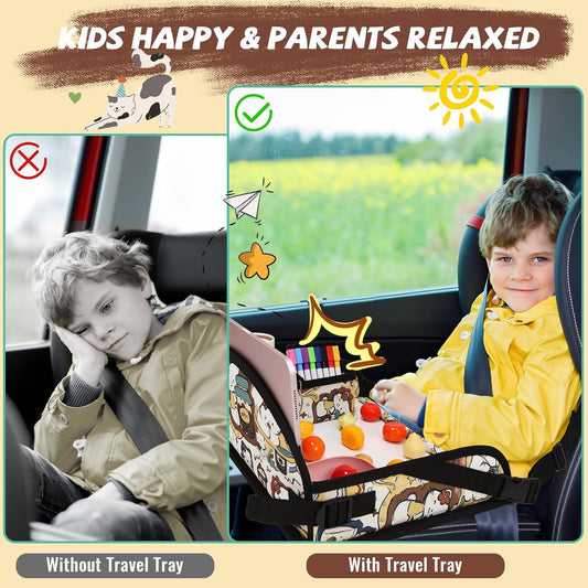 Kids Travel Tray for Airplane - Toddler Car Seat Table Tray, Road Trip Essentials for Boys & Girls, Carseat Lap Desk for Kids Road Trip Activities, Cute Kitten