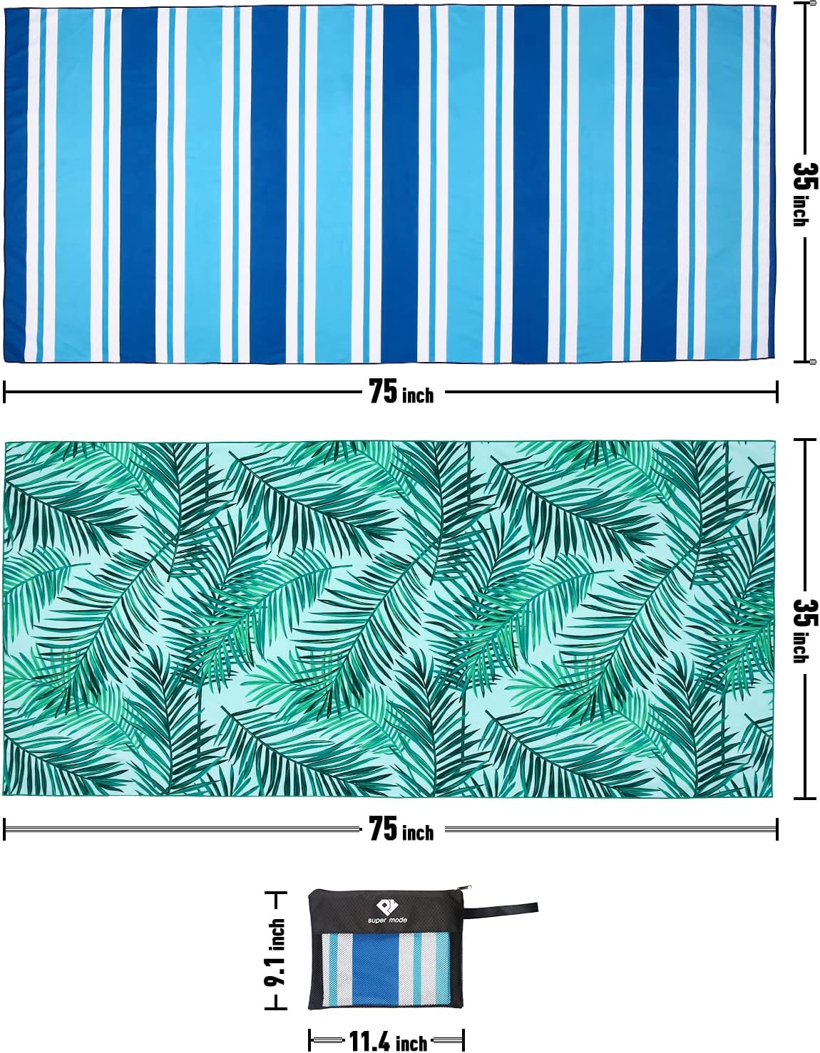 2 Pack Microfiber Beach Towel, Oversized Microfiber Pool Towel 75”x 35”, Sand-Free Beach Towel, Quick Drying Camping Towel, Super Absorbent Bath Blanket, Soft Breathable and Lightweight