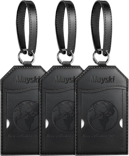Mayski Luggage Tags for Suitcases 3 Pack Suitcase Bag Tags, TSA Approved, Metal Buckle, Bag Tags with Name ID Card Travel Essentials, Black Global