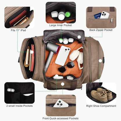 Felipe Varela 60L Duffle Bag for Men, Large Expandable Canvas Duffel Bag for Travel, Mens Carry On Luggage Bag Traveling Weekender Gym Overnight Bags for Airplanes, Coffee