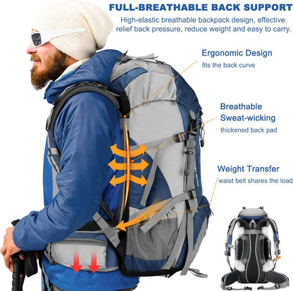 Loowoko 50L Hiking Backpack, Waterproof Camping Essentials Bag with Rain Cover, 45+5 Liter Lightweight Backpacking Back Pack