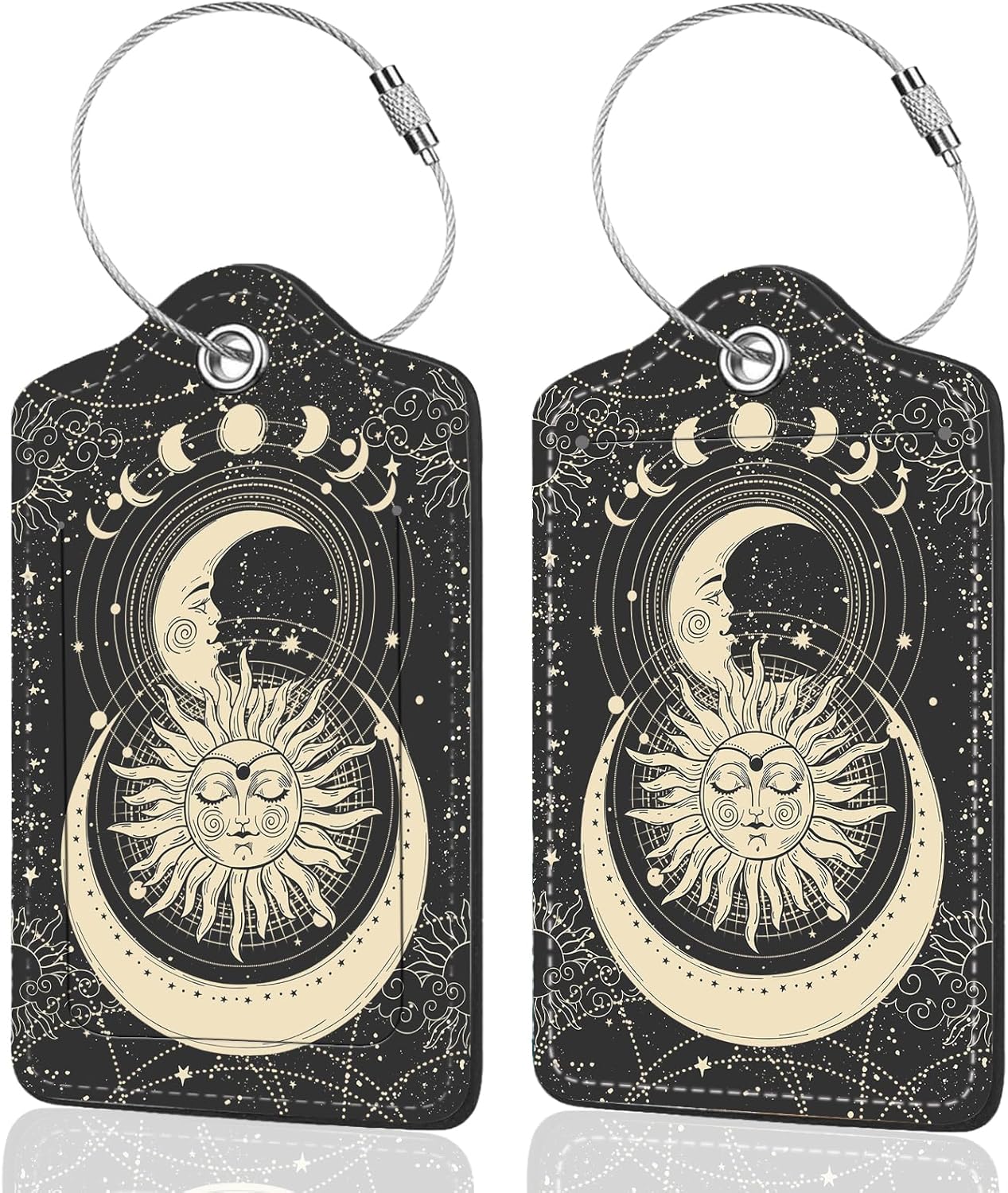 2Pack Luggage Tags for Suitcases, Cute Unique Pu Leather Cruise Luggage Tag with Privacy Cover ID Label Address Card and Metal Ring Suitable for Women Men Kids Travel Bag Sun and Moon Face