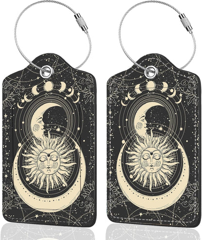 2Pack Luggage Tags for Suitcases, Cute Unique Pu Leather Cruise Luggage Tag with Privacy Cover ID Label Address Card and Metal Ring Suitable for Women Men Kids Travel Bag Sun and Moon Face