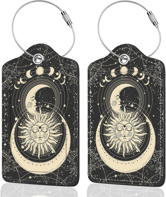 2Pack Luggage Tags for Suitcases, Cute Unique Pu Leather Cruise Luggage Tag with Privacy Cover ID Label Address Card and Metal Ring Suitable for Women Men Kids Travel Bag Sun and Moon Face
