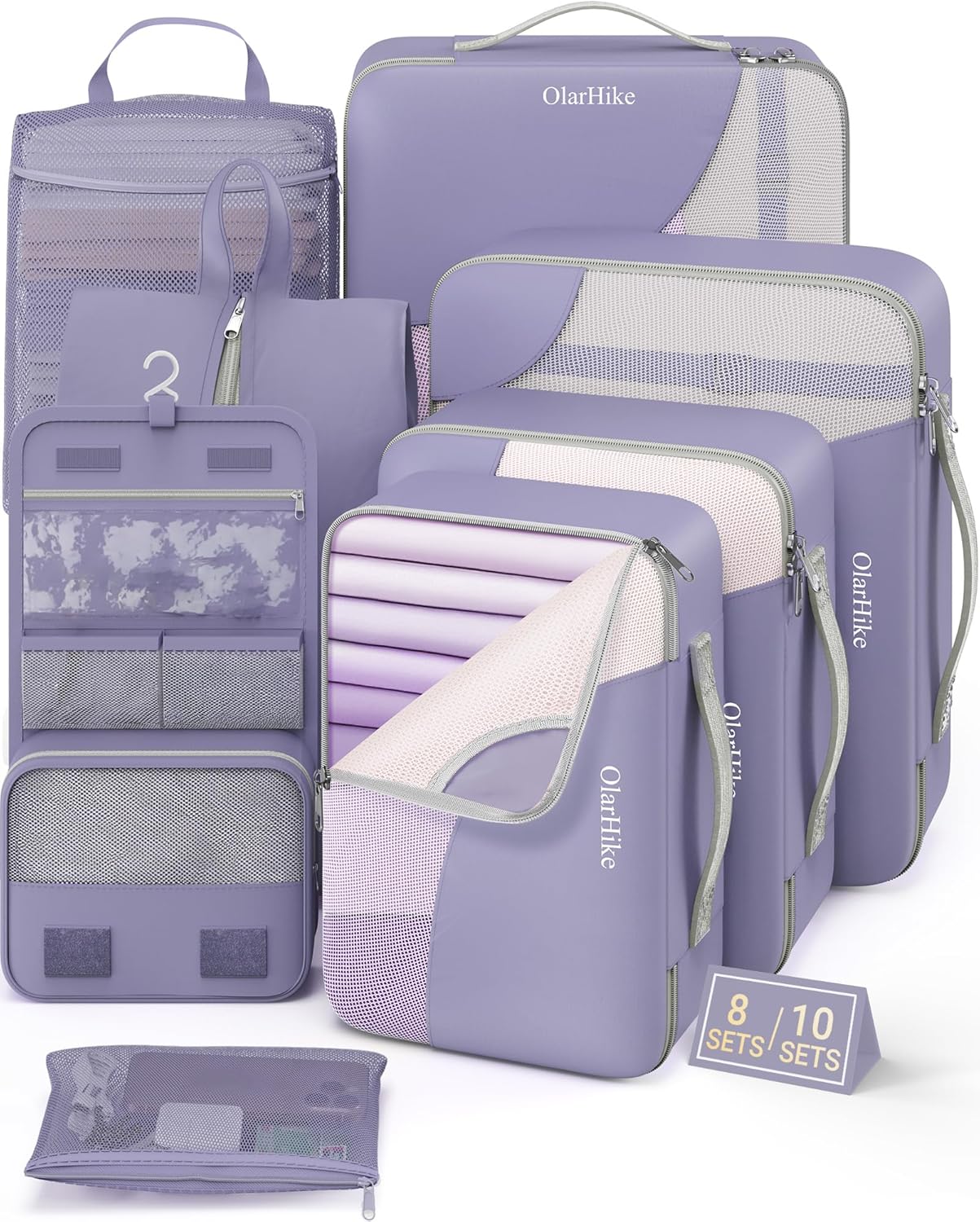 8 Set Packing Cubes for Travel, Gifts for Women Mom,Anti-Tearing Suitcase Organizer for Luggage with Shoe & Hanging Toiletry Bag,OlarHike Vacation Essentials & Accessories for Cruise Ship, Purple Gray