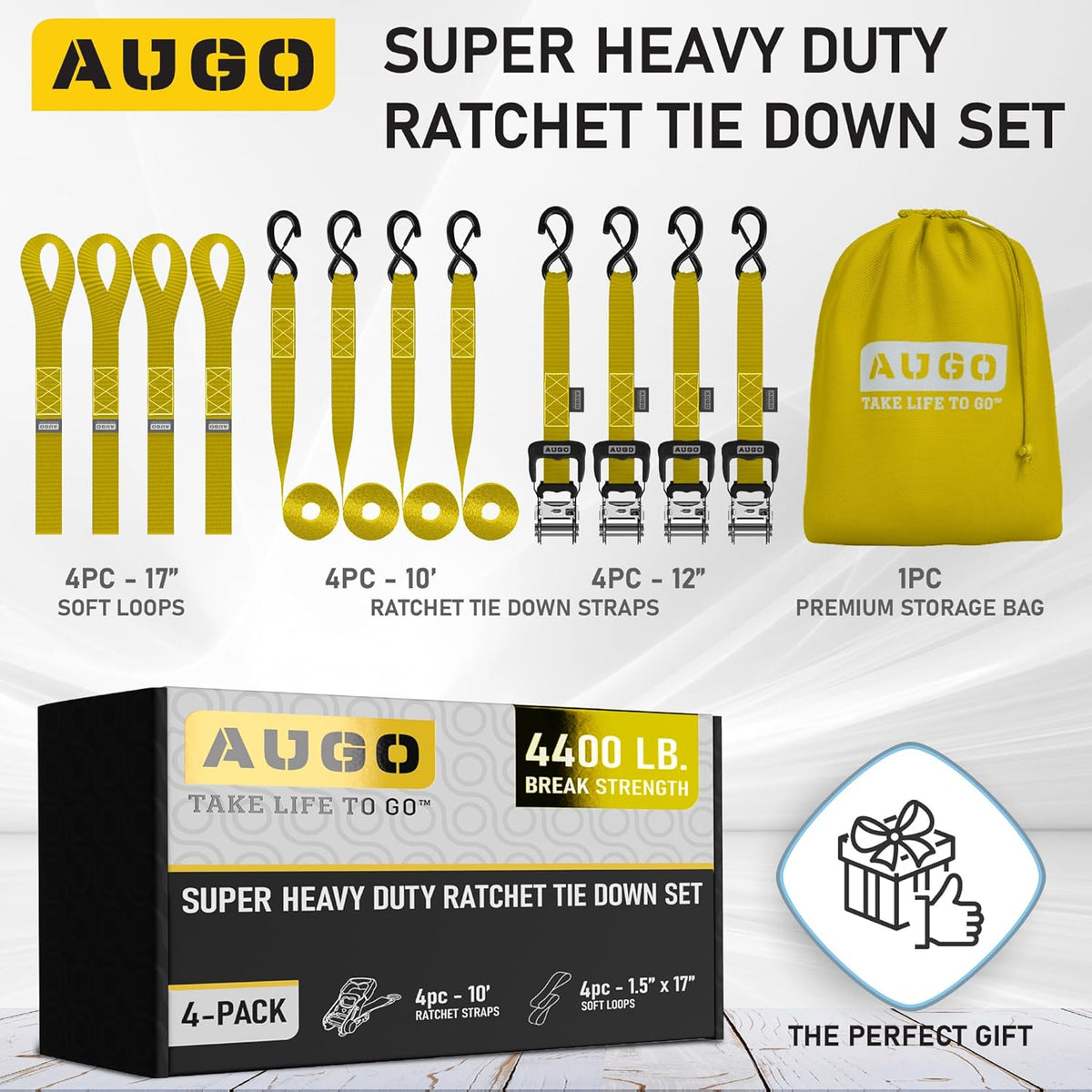 AUGO Heavy Duty Ratchet Straps & Soft Loops – Pack of 4 Extra Strong 1.5” by 10’ Ratchet Straps w/S-Hook Safety Latches & 4 Soft Loop Tie Downs – 4400Lb Break Strength for Motorcycles, ATVs, Etc.